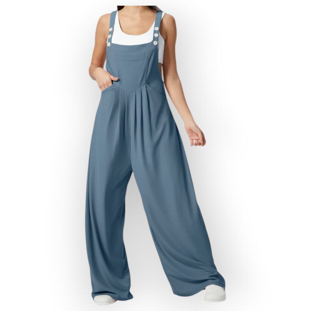 Halara Waffle Wide Leg Overalls Blue Pocket Jumpsuit L Casual Minimalist Lounge - Picture 11 of 11